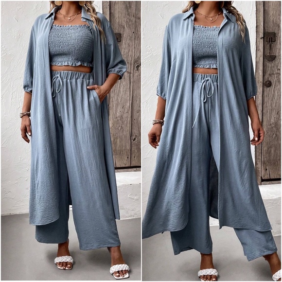 Plus Smocked Crop Top Wide leg Pants Open Front Jacket Set - Picture 6 of 6